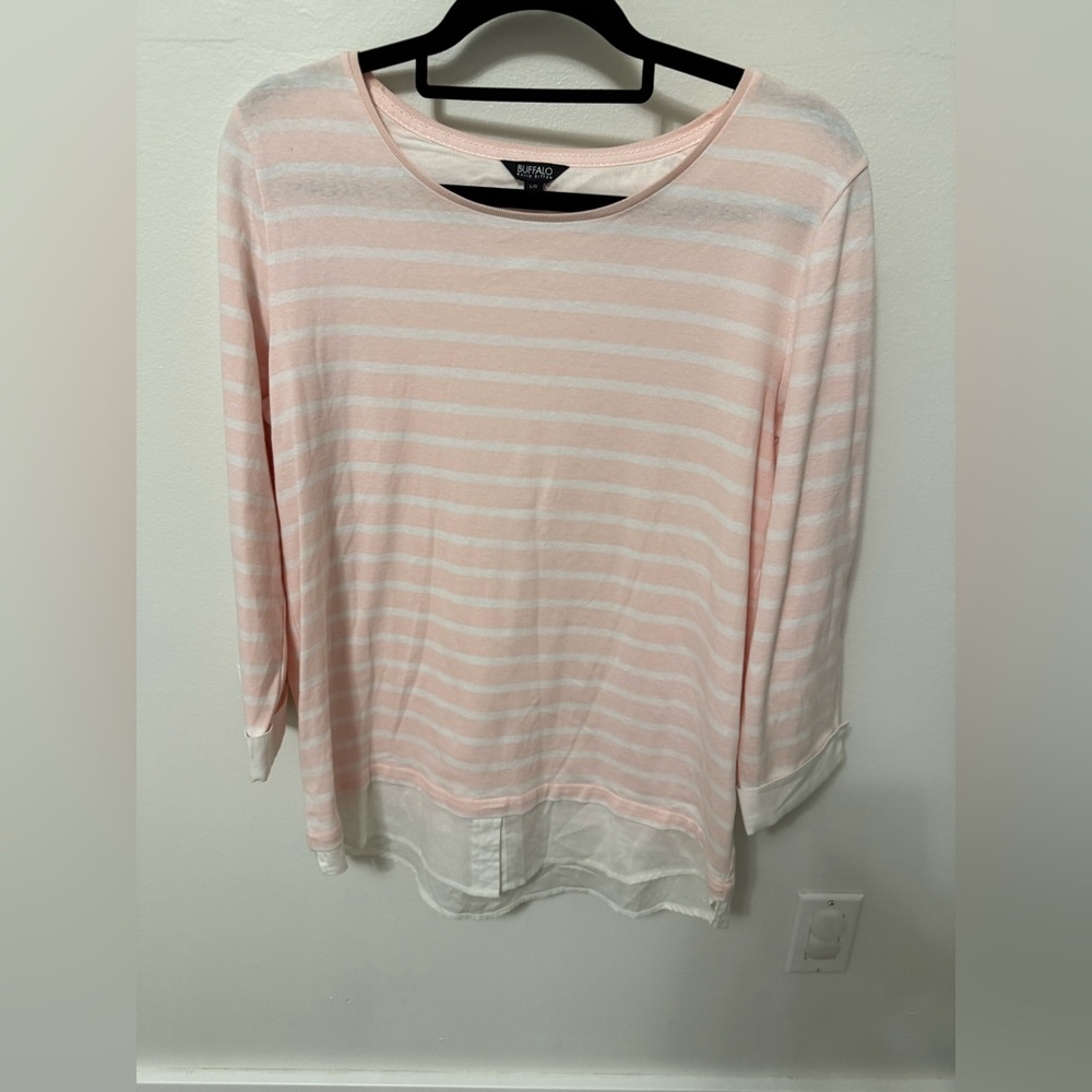 Buffalo David Britton  Light Pink and White Striped Long Sleeve Top